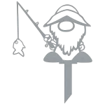 A laser-cut steel garden stake depicting a gnome wearing a sou'wester hat, holding a fishing rod with a fish dangling from the line. The gnome features a large beard and is perched on a pointed base for easy placement in soil. The design is outlined in clean, smooth lines, creating a whimsical and playful appearance against a dark background.